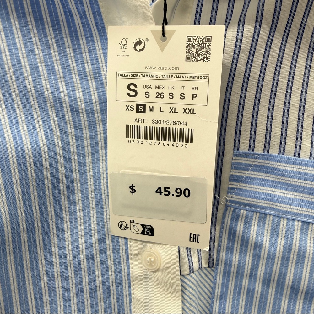 NWT Zara Blue Striped Patchwork Cropped Long Sleeve Button Up Top Shirt Size S - Picture 7 of 12